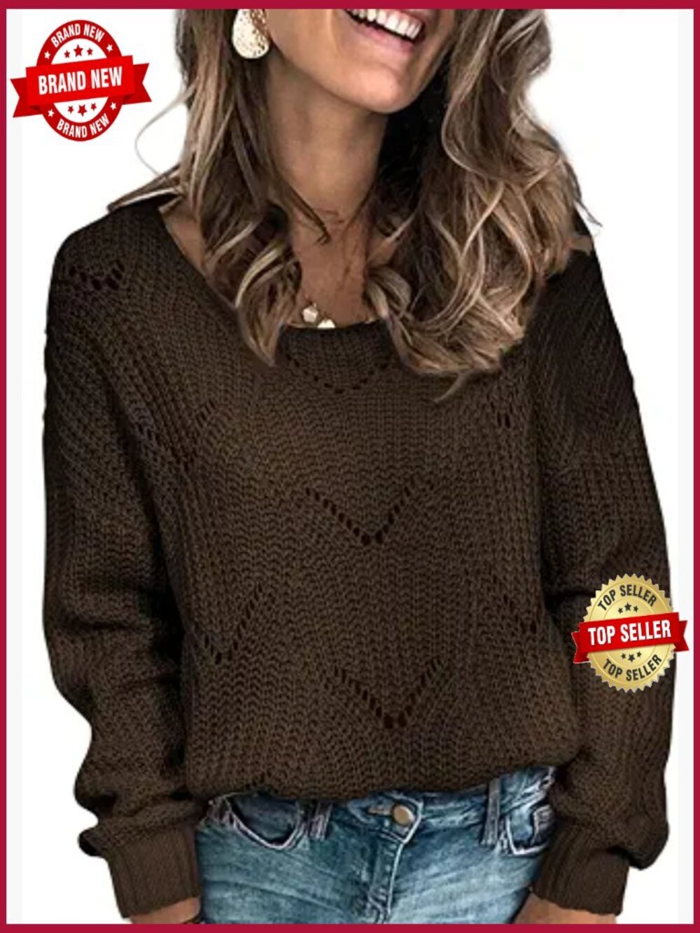 Loose Crewneck Hollow Cable Knit Pullover Sweater Cozy Long Sleeve